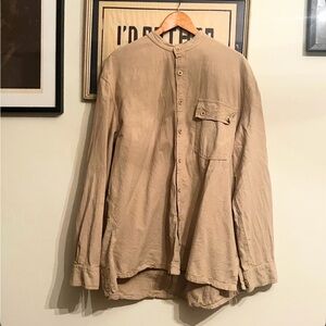 Men's Tan Tilley Button-Up Collarless Cotton Shirt Size XL